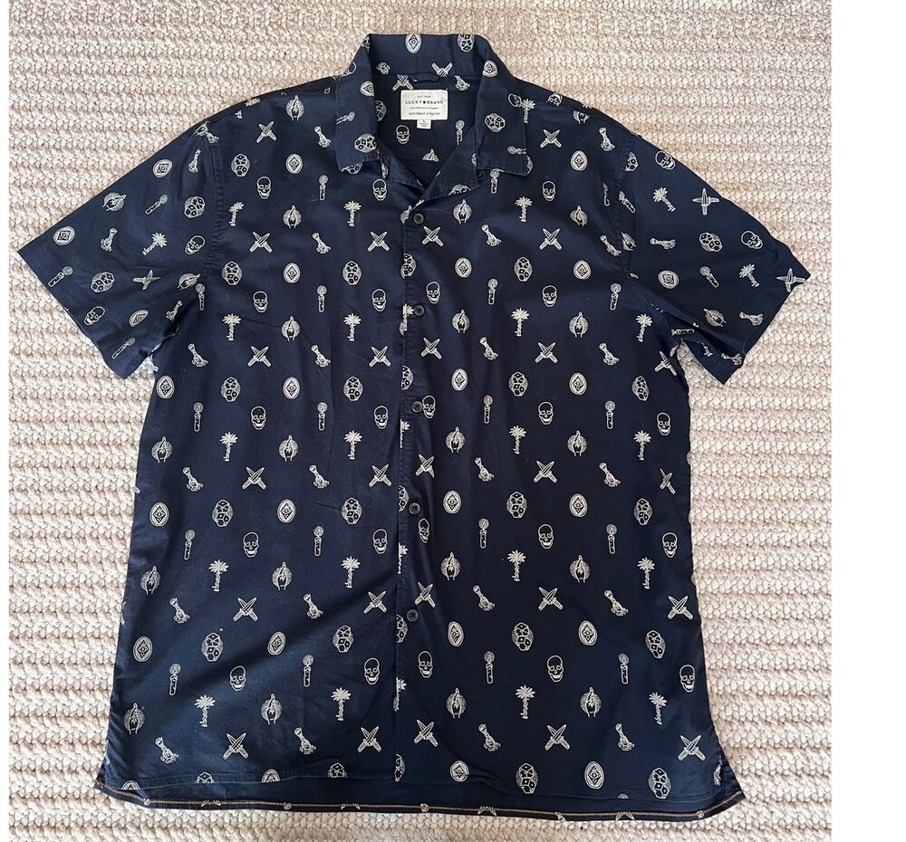 Lucky Brand Short Sleeve Novelty Skull Pattern Cotton Slight Stretch Shirt Large